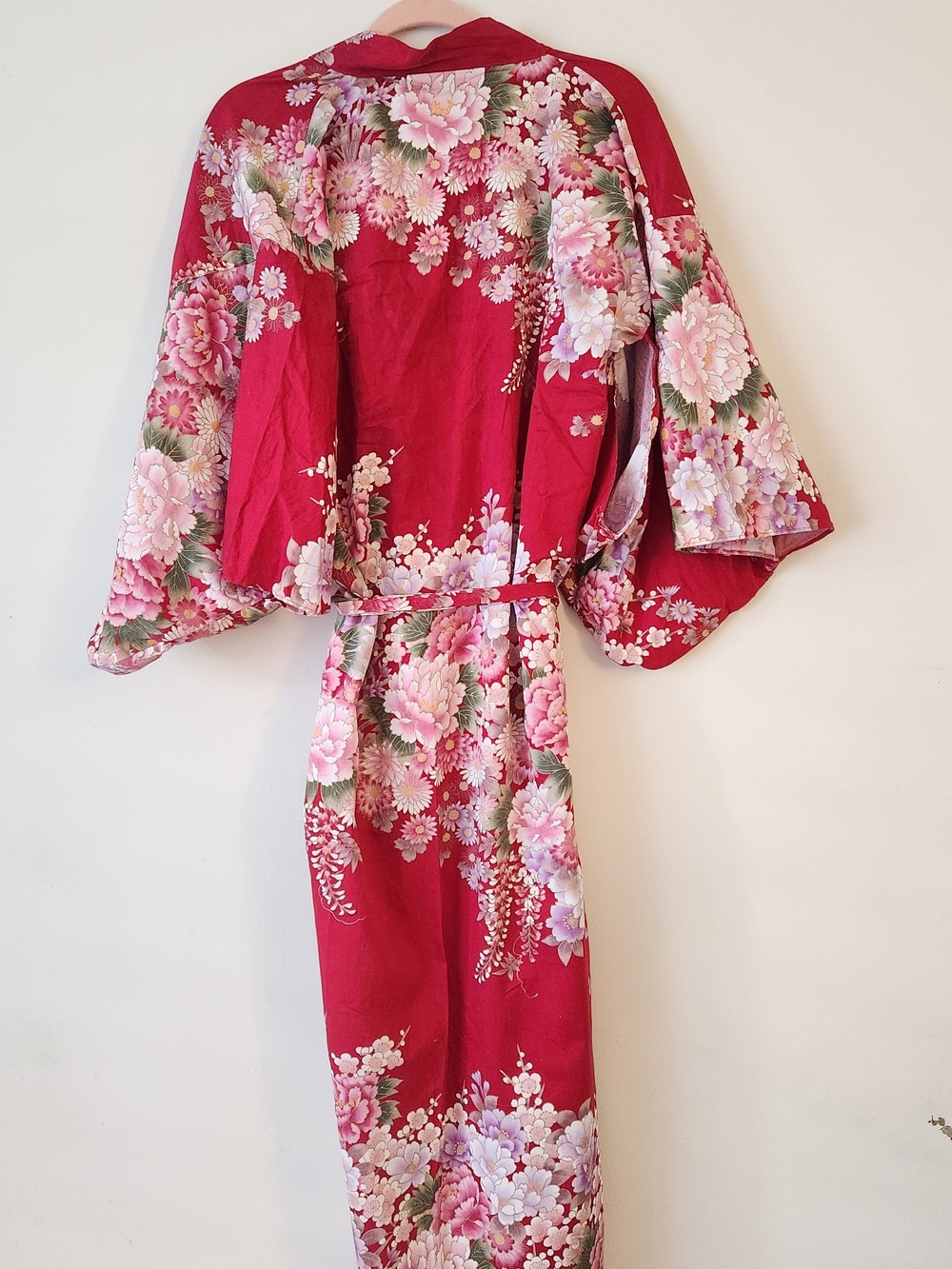 Red Floral Kimono Robe with Pink & White Peonies